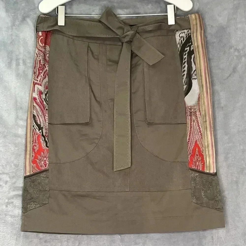 Elie Tahari Olive Green Pencil Skirt with Red Paisley Insets